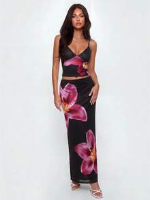 Avantive Conjunto de 2 piezas de top camisola y falda con estampado sexy para vacaciones de mujer - Burdeos - Ver 2