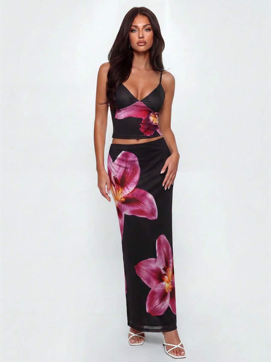 Avantive Conjunto de 2 piezas de top camisola y falda con estampado sexy para vacaciones de mujer