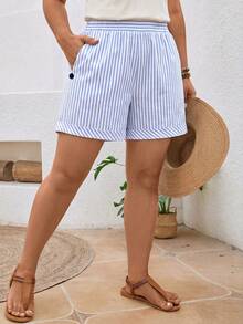 SHEIN LUNE CURVE Plus Size Summer Casual Versatile Striped Pocket Shorts - Blue and White - View 5