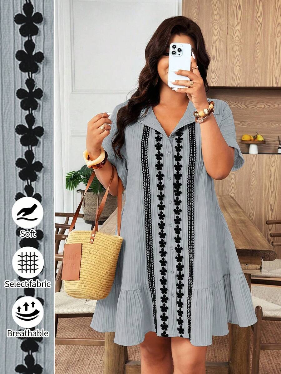 Weeklong Plus Size Women's Contrast Color Ruffle Trim Loose Shirt Dress, Bohemian Style Summer Beach Holiday Outfit - Dusty Blue - View 1