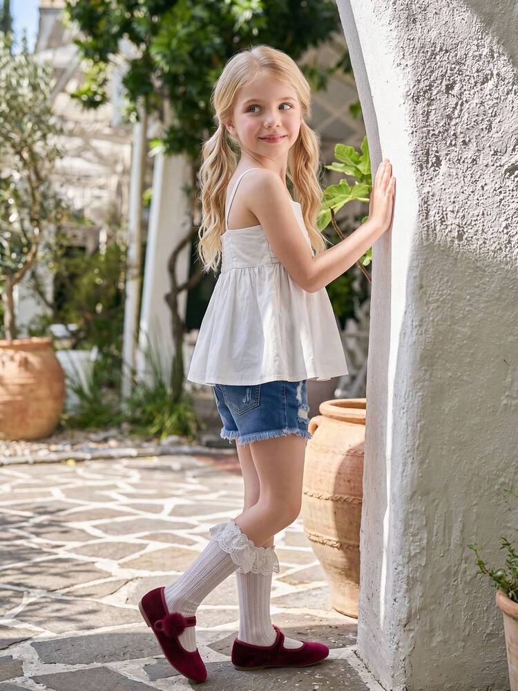 Young Girl Plain Pleated Casual Versatile Daily Wear Camisole Top Vacation