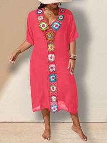 Swim Lushoire Baju Penutup Pantai Rajutan Tangan Leher V Ukuran Besar untuk Liburan Pantai, Gaya Boho Musim Panas - Watermelon Pink - View 5