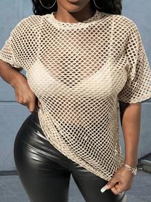 Slaydiva Kaos Ukuran Besar Gaya Jalanan Kasual Hitam Transparan Longgar Lengan 3/4 Leher Bulat Panjang Reguler, Cocok untuk Musim Semi dan Gugur - Aprikot - View 1