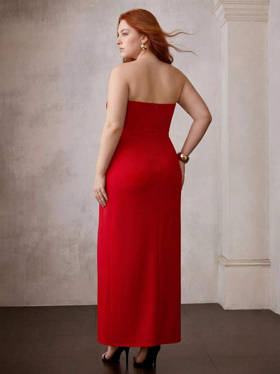 MOTF PREMIUM PLUS SIZE WOMEN'S STRUCTURED BANDEAU DRESS - Red - View 2