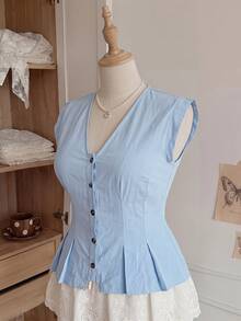 Comfortcana Plus Size Women's Casual Vacation Style Light Blue 100% Cotton Shirt, Comfortable Summer Vacation Vest-Style Shirt With V-Neck And Button Closure - Baby Blue - View 4