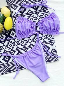 Swim Basics Summer Beach Frill Trim Ruched Halter Thong Bikini - Purple - View 5