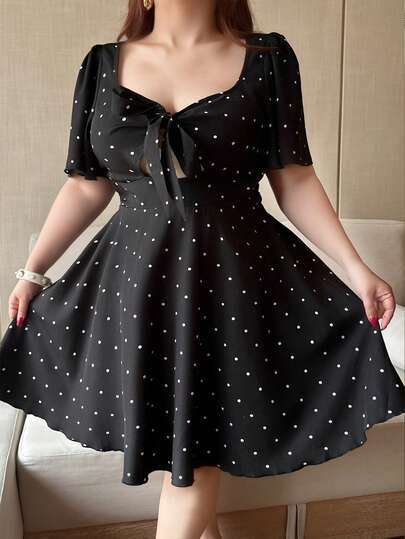 Vibekara Plus Size Asymmetrical Square Neck Tie-Knot Ruffle Sleeve Cinched Waist Sexy Dress