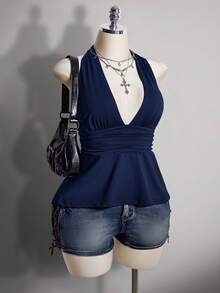 SHEIN ICON Áo camisole chấm bi dáng chữ A hở lưng cổ chữ V, cỡ lớn, kiểu retro Y2K, áo camisole chấm bi cổ yếm hở lưng. - Màu xanh hải quân - Xem 8