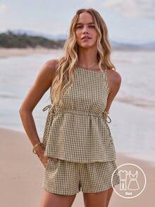 Aralina Women 2pcs Summer Yarn Dyed Stripe Ruffle Detail Top And Short Two Pieces Set Cute Going Out Holiday Outfit Y2K Stockholm Style - Khaki - View 1