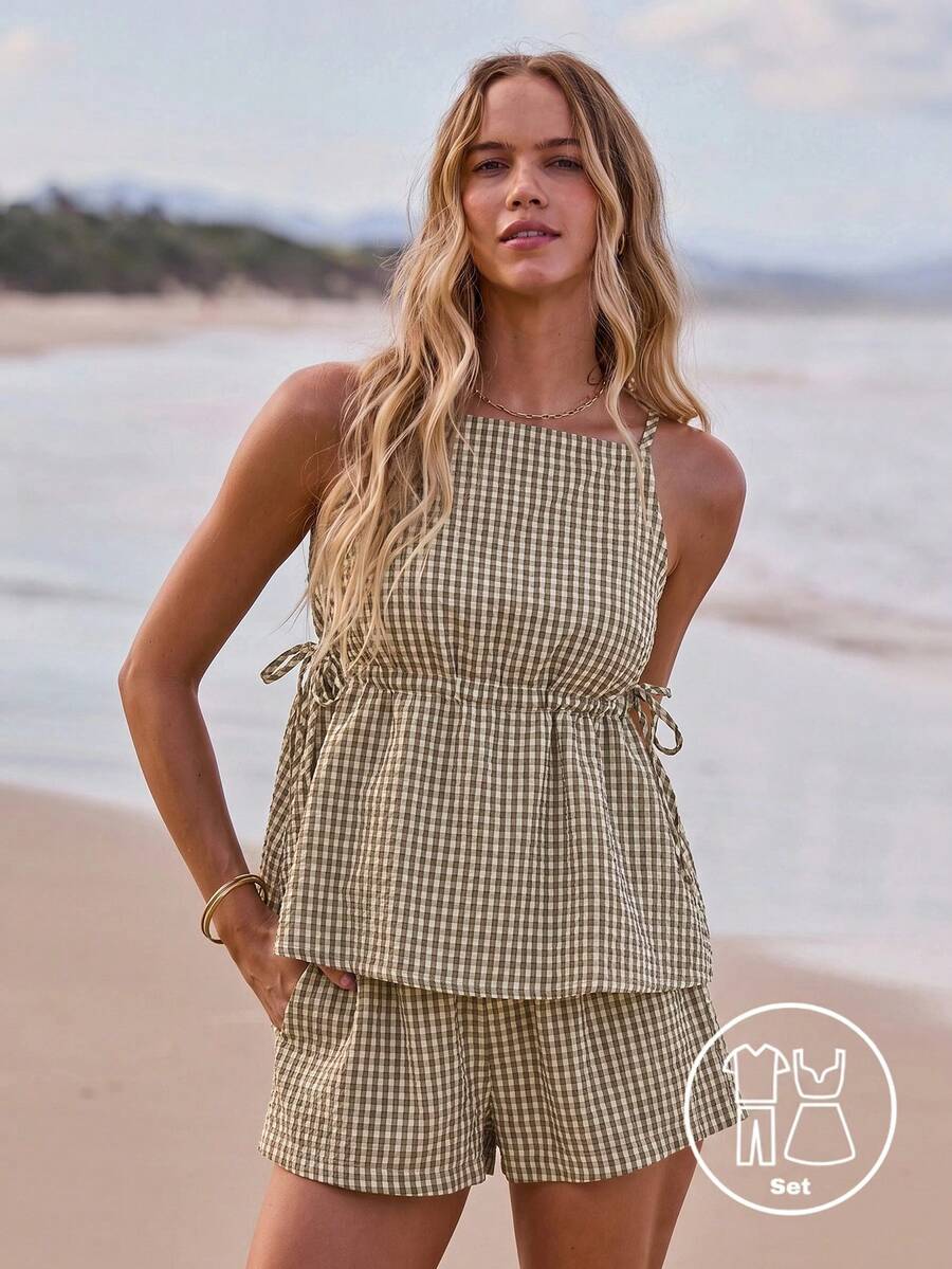Aralina Women 2pcs Summer Yarn Dyed Stripe Ruffle Detail Top And Short Two Pieces Set Cute Going Out Holiday Outfit Y2K Stockholm Style - Khaki - View 1