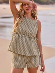 Aralina Women 2pcs Summer Yarn Dyed Stripe Ruffle Detail Top And Short Two Pieces Set Cute Going Out Holiday Outfit Y2K Stockholm Style - Khaki - View 6