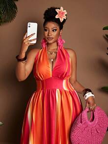 Maweii Plus Size Printed Halter Tie Back Deep V-Neck Dress - Multicolor - View 3
