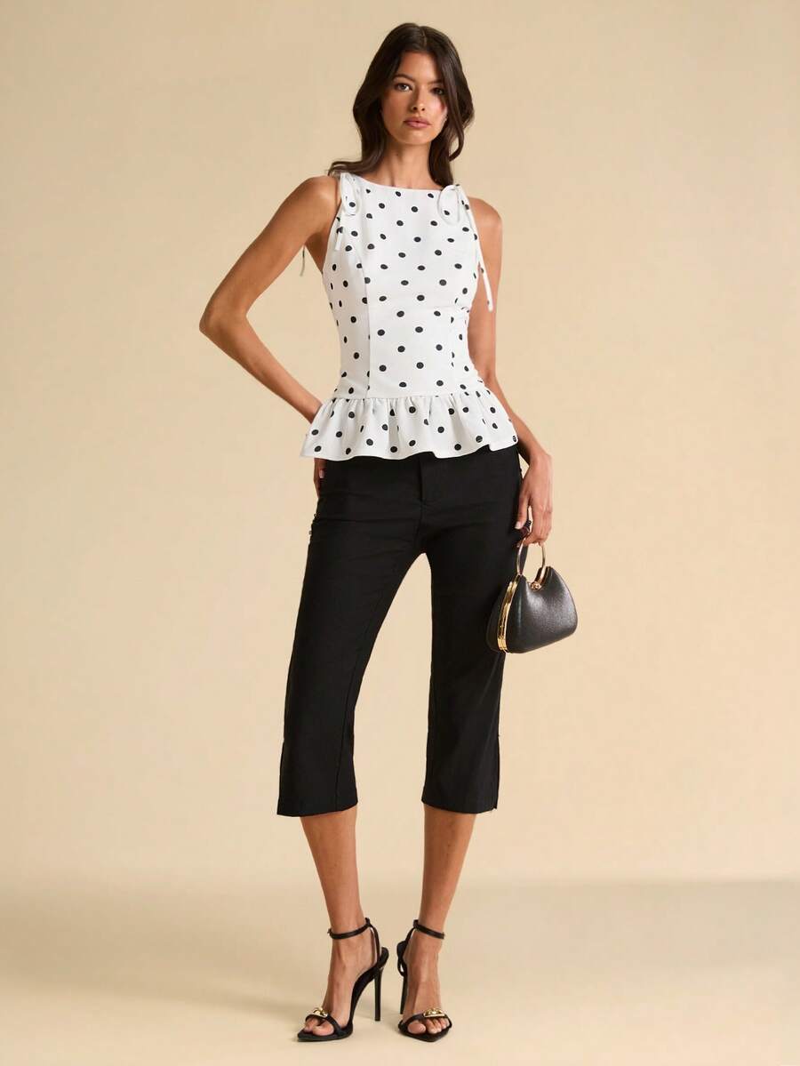 SHEIN BAE Áo hai dây nữ in chấm bi, viền bèo nhún, vai thắt nút. - Đen và trắng - Xem 1