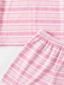 SHEIN Tween Girl Round Neck Short Sleeve Striped Ruffle Sleeve T-Shirt And Striped Shorts 2-Piece Set - Pink - View 7