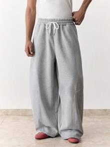 SWAVVY Men's Casual Loose Sweatpants, Black, With Ribbon Patchwork & Embroidery, Spring/Autumn,Wide Leg - Grey - View 3