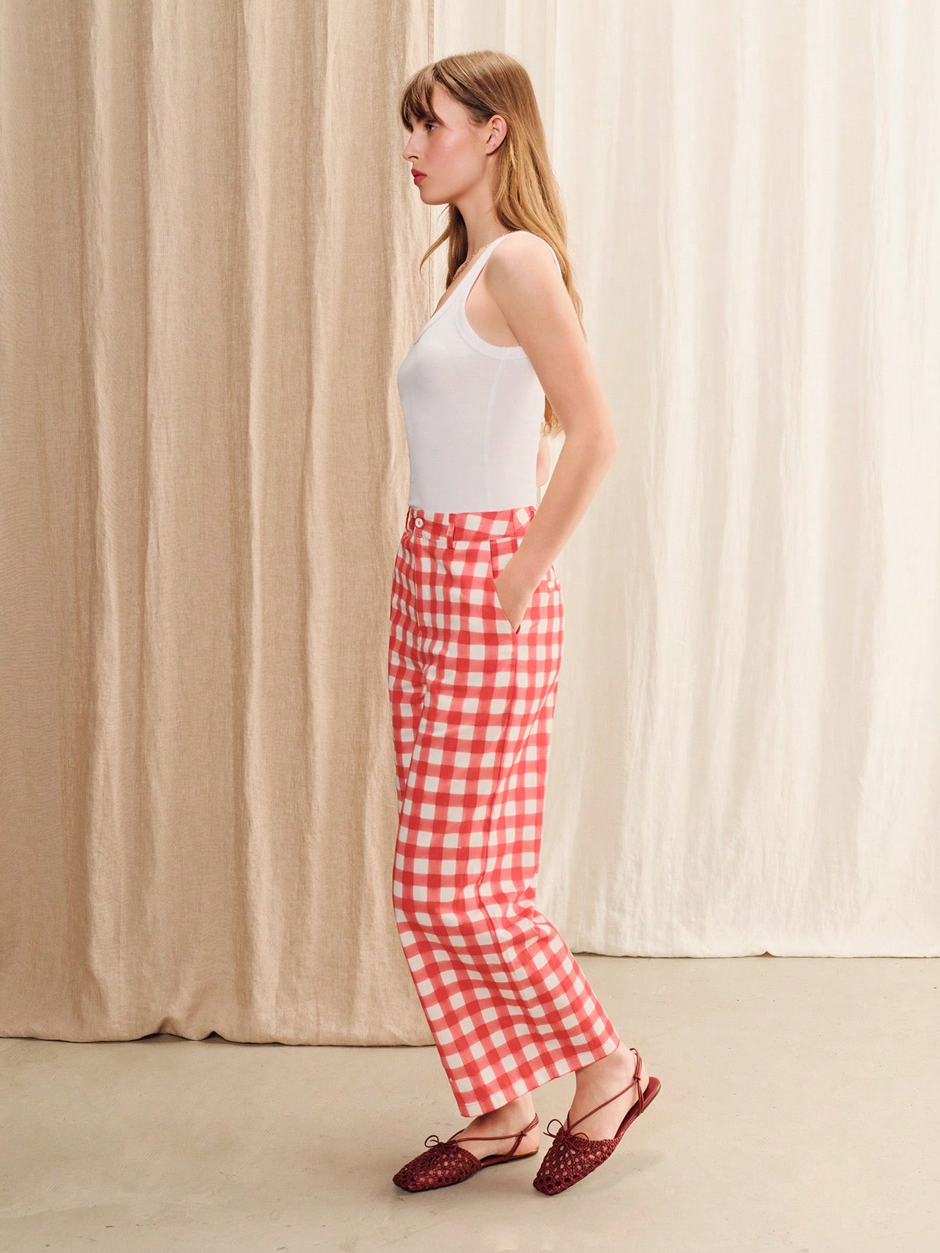 High Waisted Red Checkered Printed Cotton Pants With Wide Legs Cute French Spring Summer Holiday Outfit Work Outfit Vintage Outfit Red Check Pants