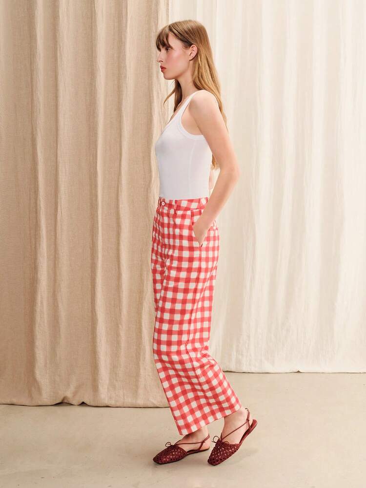 Pantalones de algodón con estampado a cuadros rojos de talle alto y piernas anchas, conjunto lindo de primavera y verano para vacaciones, trabajo u outfit vintage con pantalones a cuadros rojos