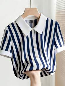SHEIN Franclia Áo sơ mi nữ tay ngắn dáng rộng, cổ bẻ, kẻ sọc xanh dương thanh lịch, thích hợp mặc mùa hè, đi biển, mặc thường ngày, đi nghỉ mát, đi làm, công sở. - Màu xanh lam - Xem 1
