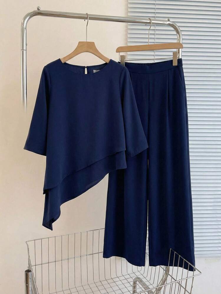 2pc Set Plus Size Women's Summer Casual Vacation Elegant Solid Navy Asymmetrical Hem Shirt Top And Pants 2-Piece Set,Casual Everyday Set,Summer\Vacation,Summer Holiday,Vacation Outfits Women ,Holiday Outfits For Women,Going Out Outfits, New Clothes,Simple And Fashionable For Everyday Wear,Suitable For Summer, Vacation, Daily Wear, Daily Wear,Country Concert Outfit ,Modest Two Piece Set, Plus Size Summer Sets,Plus Size Pants Set,Boho Set,Boho Pants Set For Women,Wide Leg Pants Set,2 Piece Casual Sets Woman,Two Piece Set Women,Work Outfits For Women,Office Outfits For Women ,Festival Outfits For Women,Festa Junina