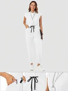 TaskEZ Solid Color Mandarin Collar Short Sleeve Tie-Front Scrub Uniform Jumpsuit - White - View 8