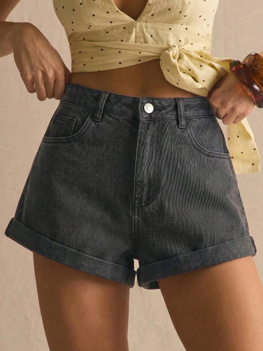 MUSERA Mid Rise Turn Up Relaxed Fit Denim Shorts Spring Summer Cosy Cute Daily Girly Vacation Sunlight Social - Dark Grey - View 1