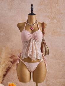 Bellisia Bộ bikini 2 mảnh màu trắng ren hoa dáng dễ thương, thích hợp cho kỳ nghỉ xuân/hè, đi biển. - Hồng - Xem 1