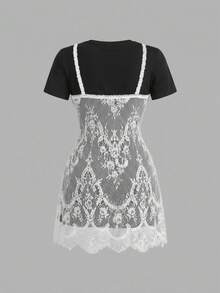 SHEIN MOD Plus Size Lace 2 In 1 Black & White Short Dress - White - View 5