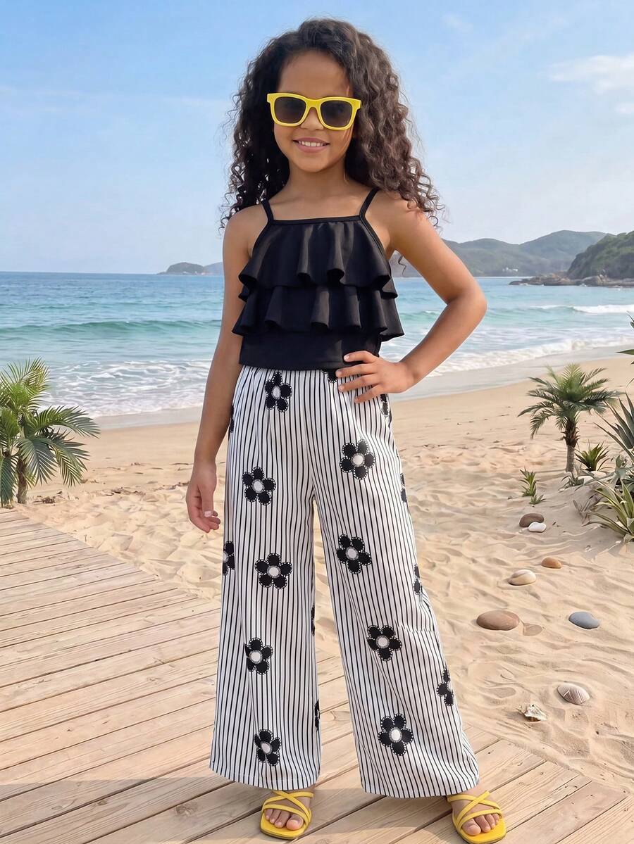 Tween Girl Summer Vacation Beach Ruffle Strap Top And Striped Floral Print Pants - Multicolor - View 1