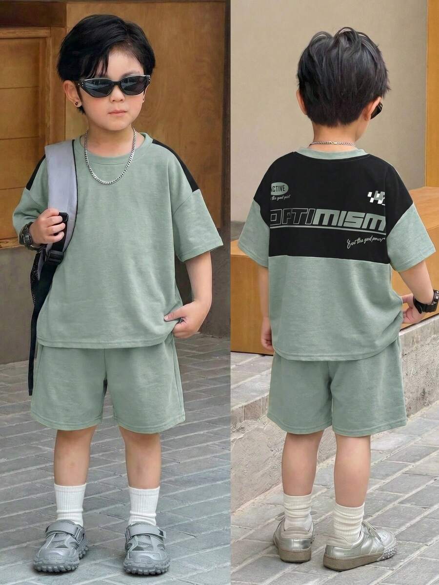 SHEIN 2pcs Young Boys Casual Street Printed Patchwork Short Sleeve Shirt And Shorts Outfit,Summer,Career Day,Back-To-School,Suitable For Daily Gathering - Mint Green - View 1
