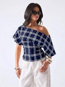 LYSMO Women's Elegant Sexy Navy Blue Plaid Asymmetric Shoulder Ruffle Shirt Blouse Summer Work Day Party Night Out Tops - Navy Blue - View 5