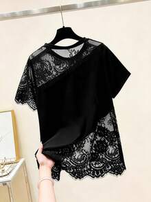 GlowEve CURVE Áo thun ngắn tay phối ren thời trang dành cho nữ cỡ lớn, thích hợp cho mùa hè. - màu đen - Xem 2