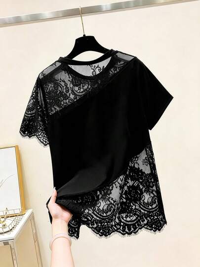 GlowEve CURVE Áo thun ngắn tay phối ren thời trang dành cho nữ cỡ lớn, thích hợp cho mùa hè.