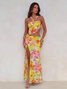 Aloruh Women's Spring/Summer New Floral Print Halter Neck Dress, Vacation Dress, Sexy Dress, Backless Criss-Cross Dress For Beach Golf Pastal - Multicolor - View 3