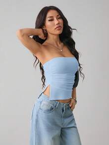 SHEIN PETITE Women's Solid Color Minimalist Casual Tube Top,Summer Top - Blue - View 5
