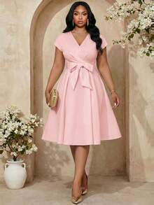 Fleurora New Plus Size Belt Summer Autumn Winter Bow Waist Design Niche Chic Ladies Dress White Dress Plus Size Dress Vacation Outfits - Pink - View 5