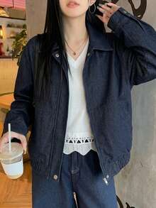DAZY 女款拉鍊鈕扣口袋長袖休閒夾克校園風 - 藍色 - 查看 4