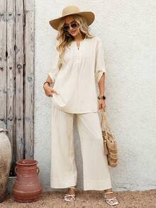 EMERY ROSE Women's Casual Solid Color Notched Neck Loose Top And Wide Leg Pants 2 Pieces Set,Summer Outfits For Women - Beige - View 4