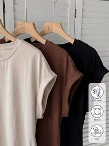 SHEIN LUNE 3pcs Women Casual Solid Color Basic , Short Special Fabric Batwing Short Sleeve T-Shirt, Relaxed Elegant Commute, Spring/Summer - Multicolor - View 3