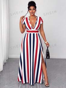 Maweii Plus Size Summer Fashion Color Block Striped Dress - Multicolor - View 6