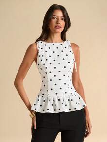 SHEIN BAE Áo hai dây nữ in chấm bi, viền bèo nhún, vai thắt nút. - Đen và trắng - Xem 6