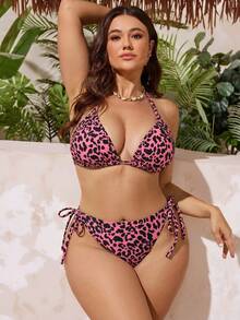 Swim SXY Damen Große Größen Rippenstoff Dreieckskuppel Bindeband Lässig Urlaub Badeanzug Set - Heißes Pink - Übersicht 4