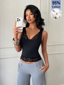 Aloruh Women's Sexy Square Neck Lace Patchwork Solid Color Black Camisole Top, Bohemian Style Vacation Sexy Vest - Black - View 6