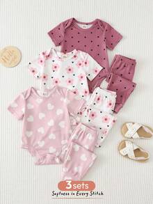 Cozy Pixies Set 6 Potong untuk Bayi Perempuan Baru Lahir: Romper Lengan Pendek Leher Bulat Lembut Motif Hati & Celana Pinggang Elastis - Berwarna merah muda - View 10
