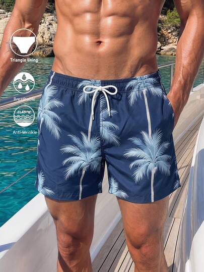 VIVINTIMO Pantalones cortos de playa con estampado de palmeras, cintura con cordón y bolsillos para hombre
