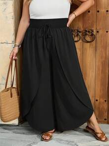 SHEIN CURVE+ Quần ống loe dáng suông, size US22, thích hợp cho các lễ hội âm nhạc, kỳ nghỉ biển, phong cách bohemian, màu trơn, thời trang thường ngày, phù hợp mặc mùa hè. - màu đen - Xem 4