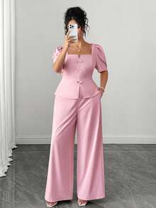 Elenzga Plus Size Women's Elegant Blush Pink Two Pieces Set,Chinese Style Bow Decor Puff Sleeve Top & Pants,Formal Summer Tea Party Outfit For Wedding Prom - Pink - View 3