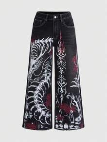 ROMWE Grunge Punk Vintage Distressed Dark Gothic Dragon Skull, Lotus, Thorn Print Wide Leg Jeans - Black - View 1