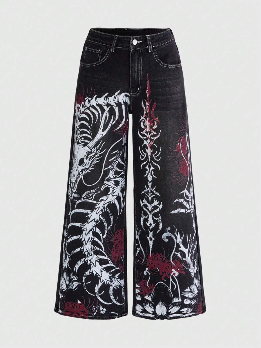 ROMWE Grunge Punk Vintage Distressed Dark Gothic Dragon Skull, Lotus, Thorn Print Wide Leg Jeans - Black - View 1