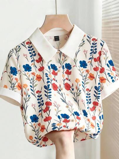 SHEIN Franclia Camisa de mujer elegante de manga corta con cuello, estampado de ramas, de corte holgado y abertura frontal, ideal para verano, playa, casual, elegante, de ocio, vacaciones, oficina y eventos sociales. Camisa floral, color albaricoque, con botones metálicos, de ajuste holgado y cómoda