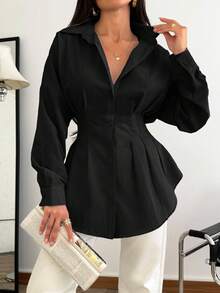 EURMUSE Women's Solid Color Fit Waist Detail Long Sleeve Blouse Women Shirt, Elegant Smart Casual Style Shirt Office Brunch Black Autumn - Black - View 7